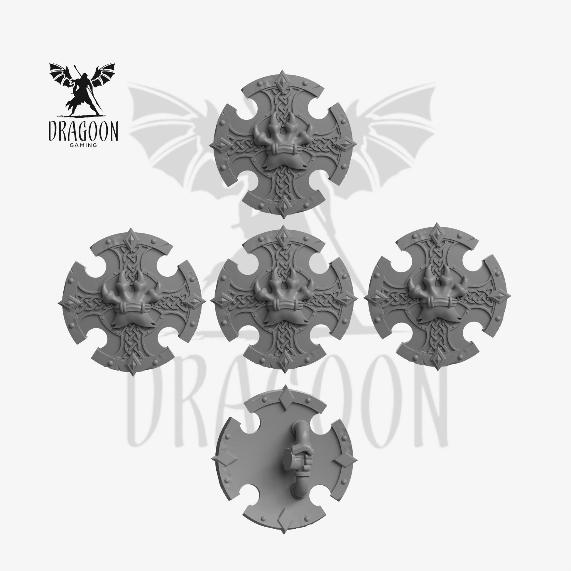 Set of five Terminator shields  3d printed in grey resin for use in 28mm and 32mm tabletop wargames. This item is also compatible with Primaris sized Terminator Space Marines and space wolves in Warhammer 40K