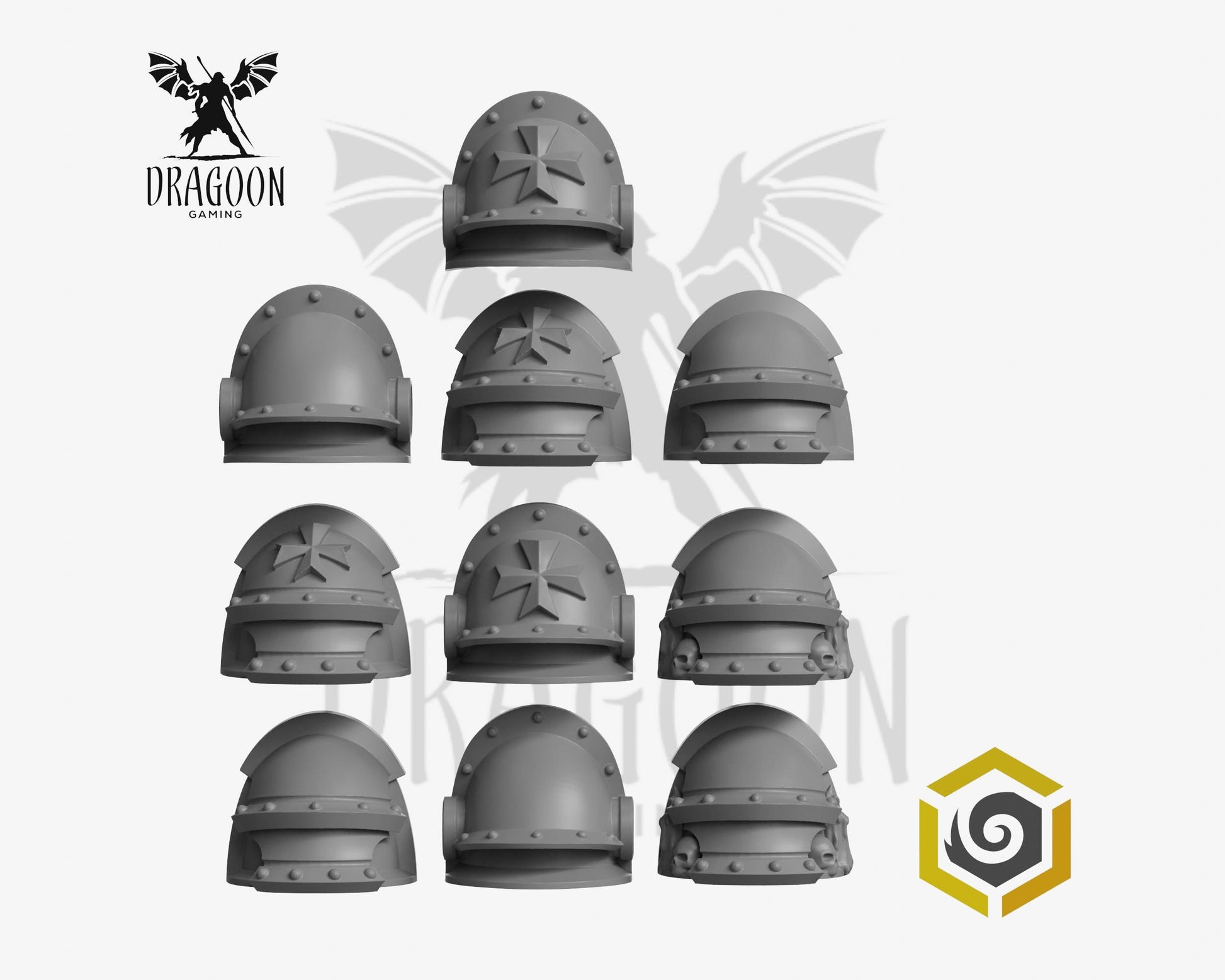 Set of ten Eternal Pilgrims pauldrons by Greytide Studios 3d printed in grey resin for use in 28mm and 32mm tabletop wargames. This item is also compatible with Primaris sized Space Marines and Dark Angels in Warhammer 40K