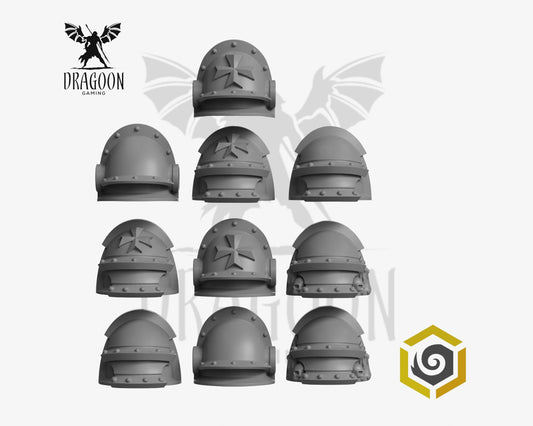 Set of ten Eternal Pilgrims pauldrons by Greytide Studios 3d printed in grey resin for use in 28mm and 32mm tabletop wargames. This item is also compatible with Primaris sized Space Marines and Dark Angels in Warhammer 40K