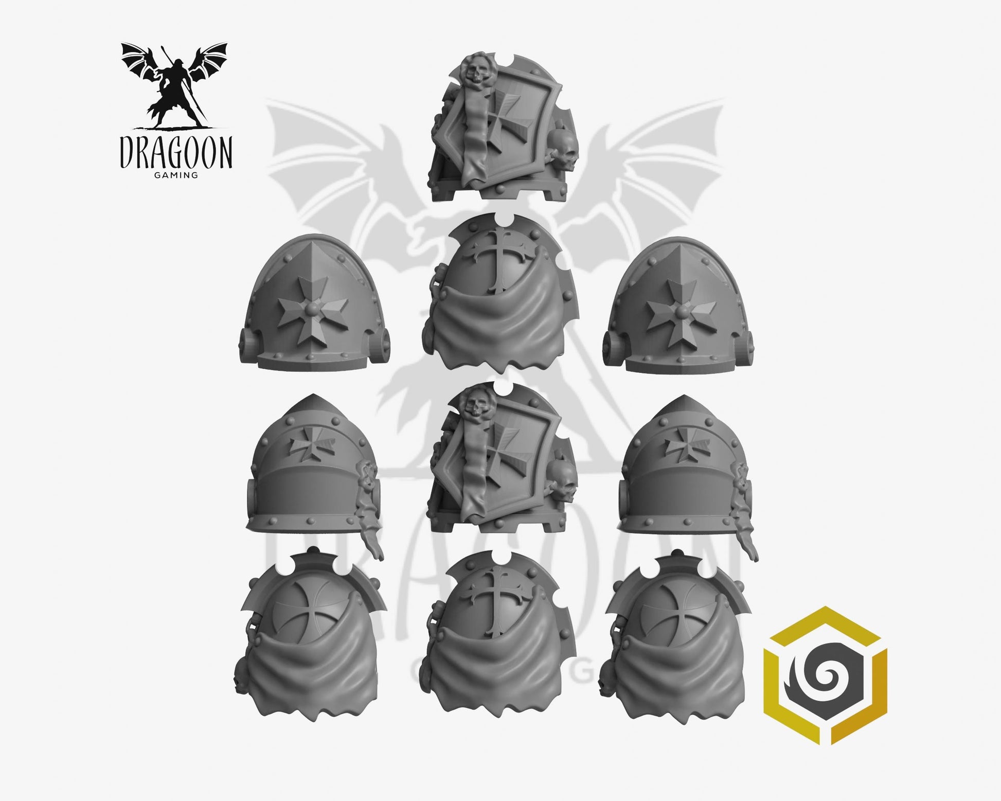 Set of ten Eternal Pilgrims pauldrons by Greytide Studios 3d printed in grey resin for use in 28mm and 32mm tabletop wargames. This item is also compatible with Primaris sized Space Marines, Black Templars  and Dark Angels in Warhammer 40K