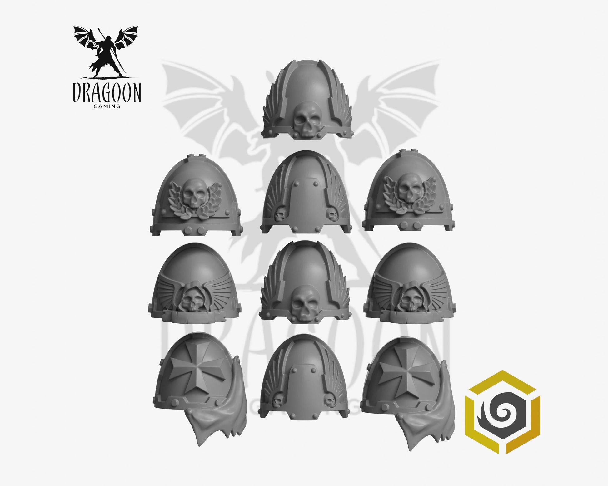 Set of ten Eternal Pilgrims pauldrons by Greytide Studios 3d printed in grey resin for use in 28mm and 32mm tabletop wargames. This item is also compatible with Primaris sized Space Marines, Black Templars  and Dark Angels in Warhammer 40K