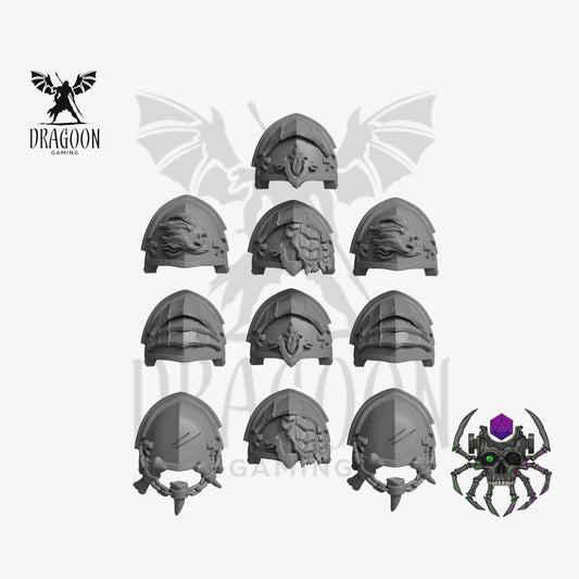 Set of ten Flame Lizard Pauldrons by Eight Legs Miniatures 3d printed in grey resin for use in 28mm and 32mm tabletop wargames. This item is also compatible with Primaris sized Space Marines and Salamanders in Warhammer 40K