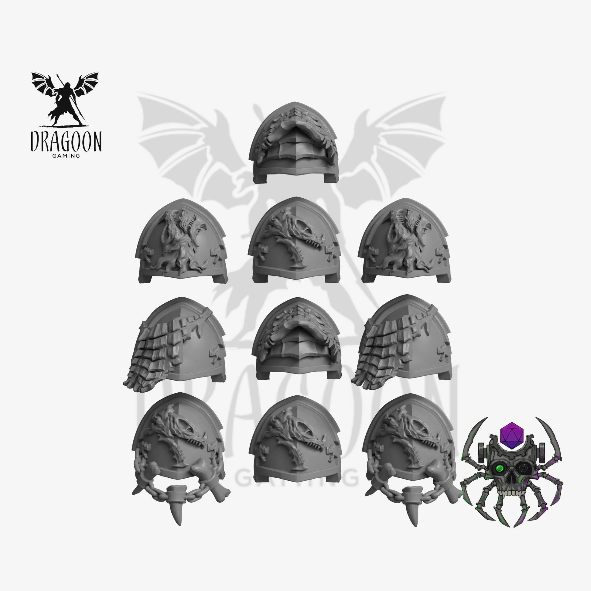 Set of ten Flame Lizard Pauldrons by Eight Legs Miniatures 3d printed in grey resin for use in 28mm and 32mm tabletop wargames. This item is also compatible with Primaris sized Space Marines and Salamanders in Warhammer 40K