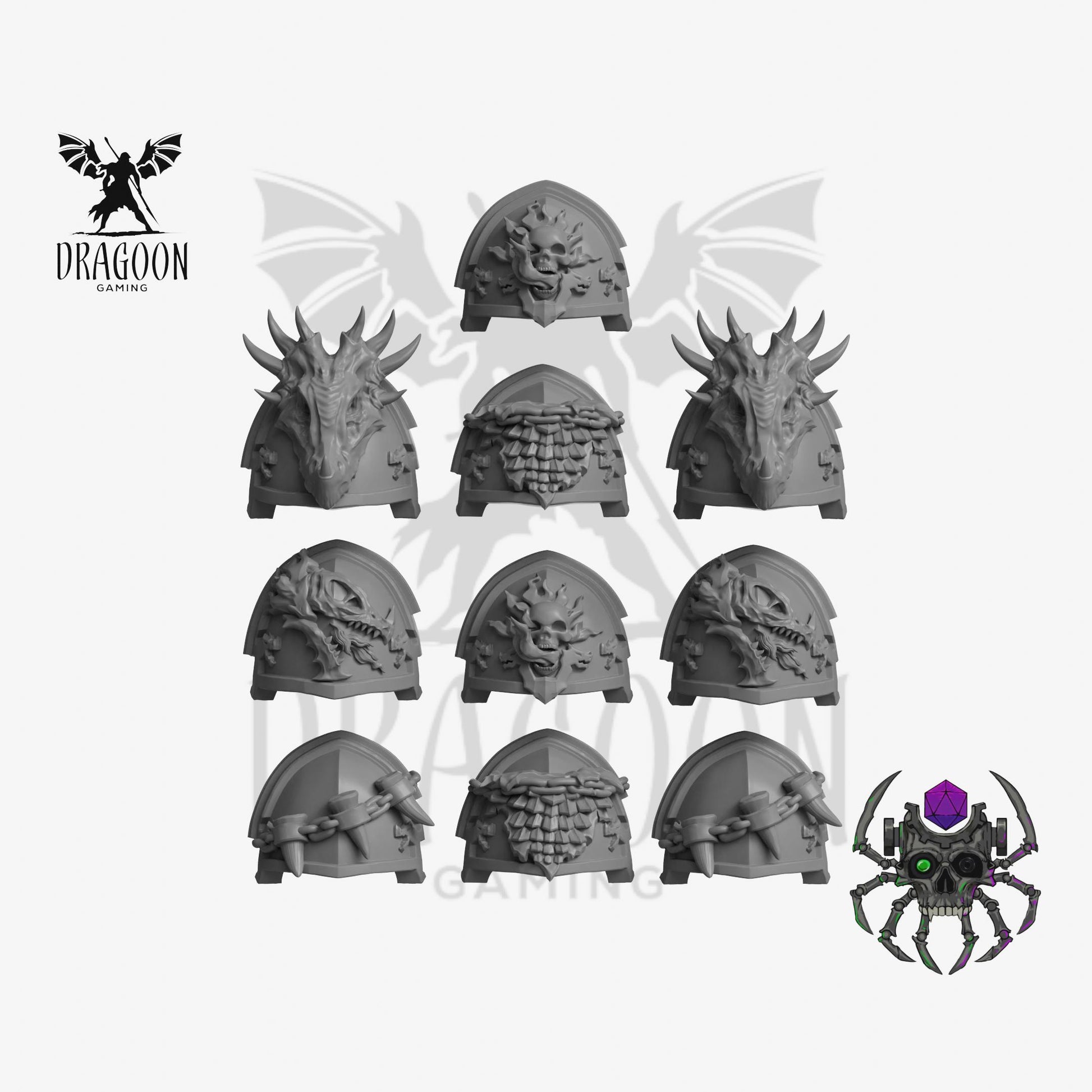 Set of ten Flame Lizard Pauldrons by Eight Legs Miniatures 3d printed in grey resin for use in 28mm and 32mm tabletop wargames. This item is also compatible with Primaris sized Space Marines and Salamanders in Warhammer 40K