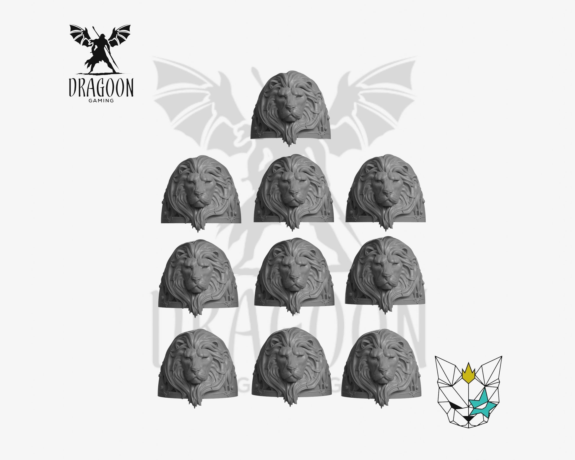 Set of ten lion pauldrons by Marta Punkgirl 3d printed in grey resin for use in 28mm and 32mm tabletop wargames. This item is also compatible with Primaris sized Space Marines and Dark Angels in Warhammer 40K