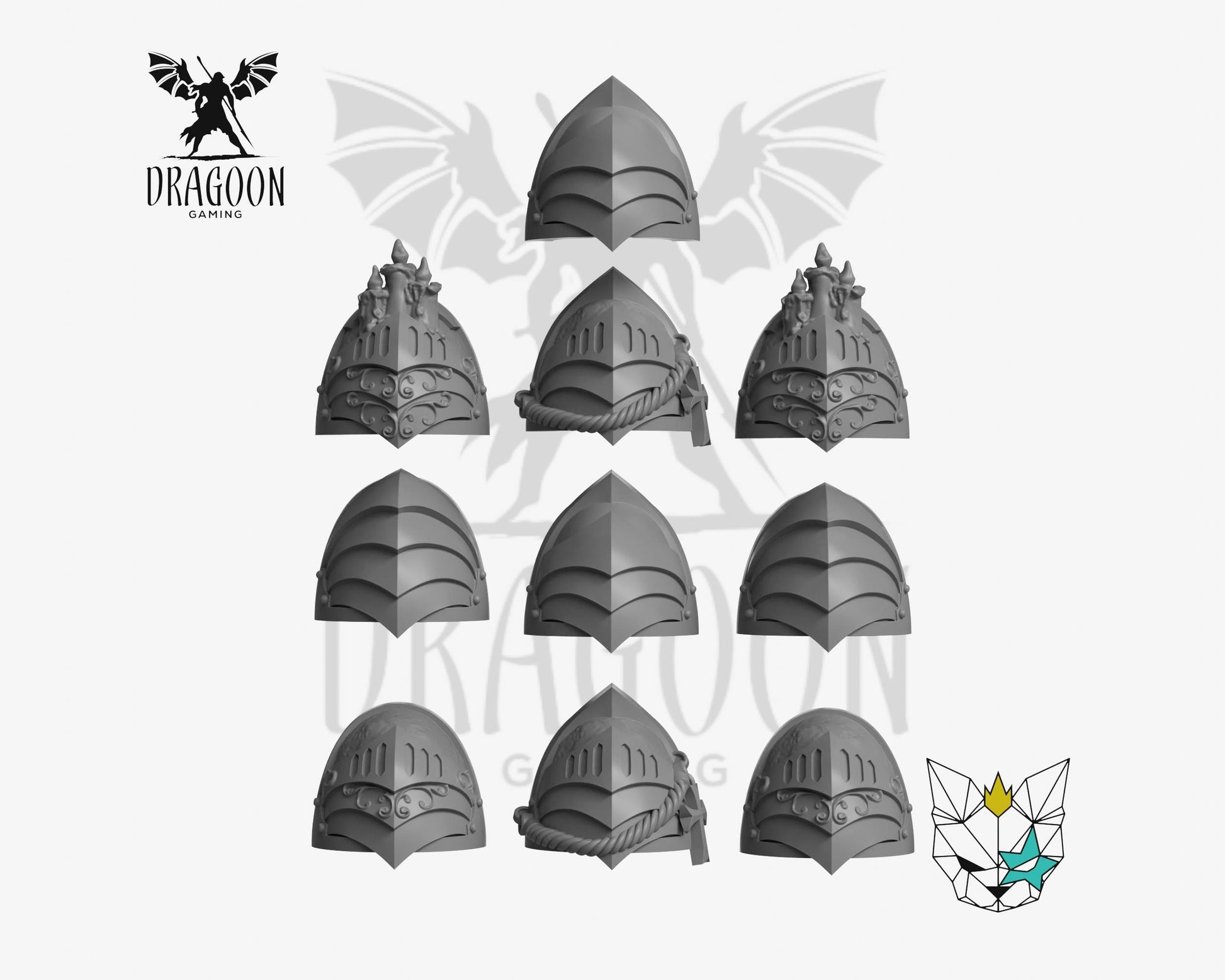 Set of ten Knight pauldrons by Marta Punkgirl 3d printed in grey resin for use in 28mm and 32mm tabletop wargames. This item is also compatible with Primaris sized Space Marines and Dark Angels in Warhammer 40K