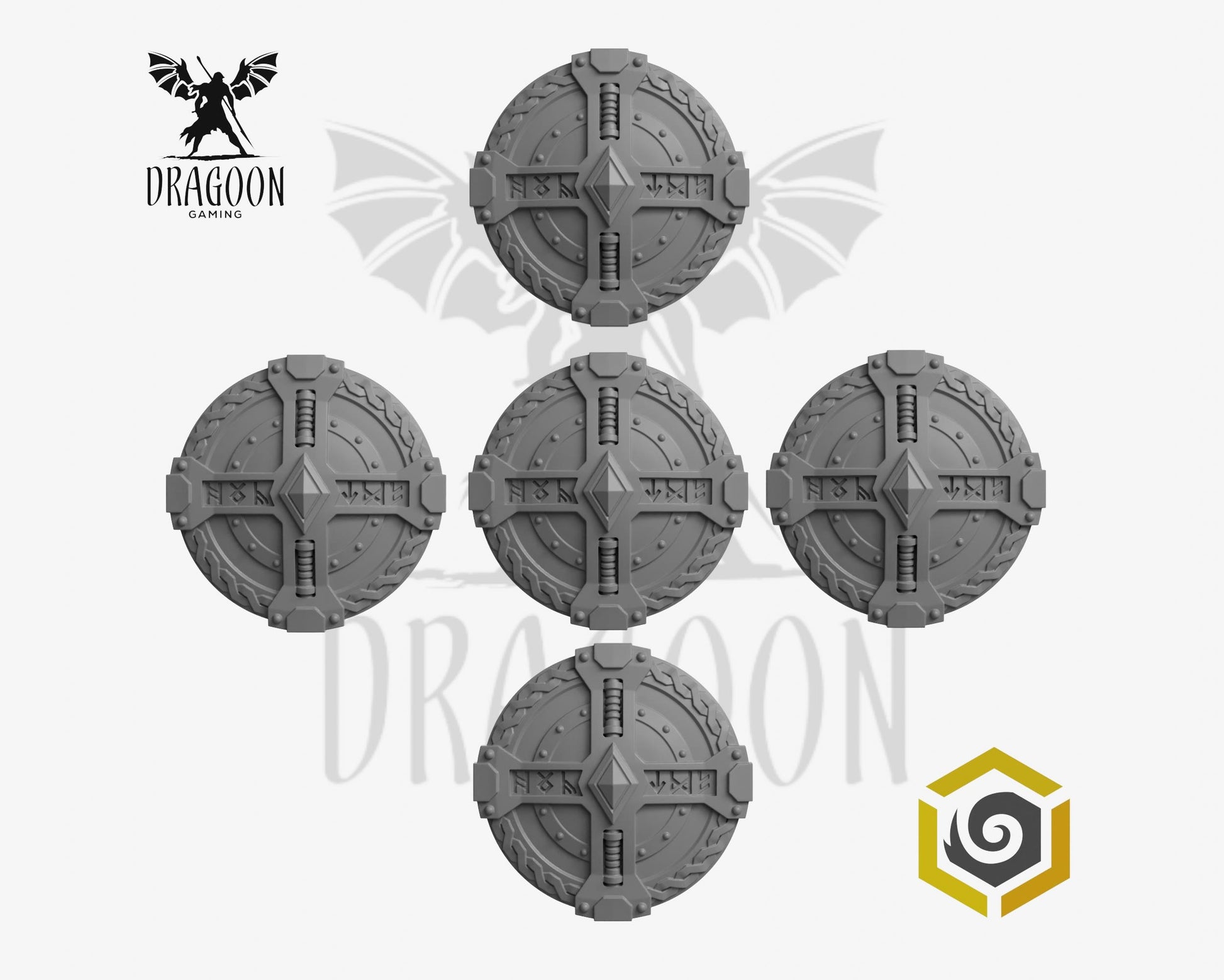 Set of five Primal Hounds shields by Greytide Studios 3d printed in grey resin for use in 28mm and 32mm tabletop wargames. This item is also compatible with Primaris sized Space Marines and Space Wolves in Warhammer 40K