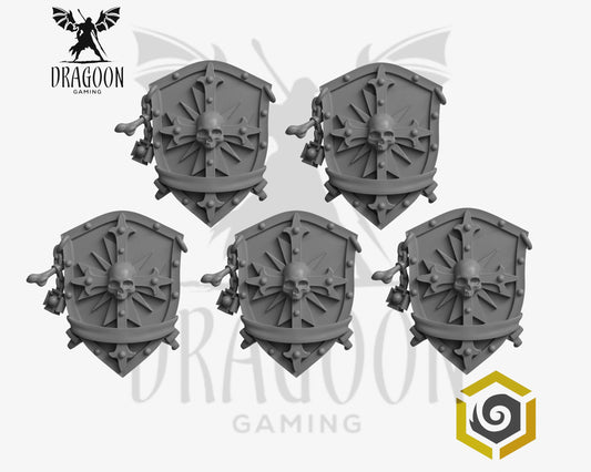 Set of five Eternal Pilgrim shields by Greytide Studios 3d printed in grey resin for use in 28mm and 32mm tabletop wargames. This item is also compatible with Primaris sized Space Marines and Dark Angels in Warhammer 40K