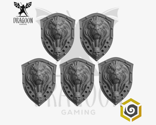 Set of five Eternal Pilgrim shields by Greytide Studios 3d printed in grey resin for use in 28mm and 32mm tabletop wargames. This item is also compatible with Primaris sized Space Marines and Dark Angels in Warhammer 40K