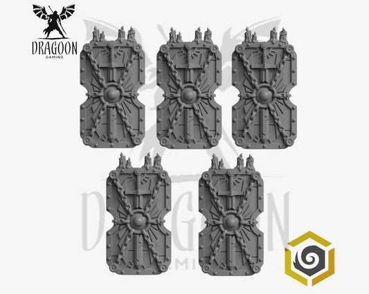 Set of five Eternal Pilgrim shields by Greytide Studios 3d printed in grey resin for use in 28mm and 32mm tabletop wargames. This item is also compatible with Primaris sized Space Marines and Dark Angels in Warhammer 40K