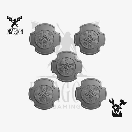 Set of five rune shields by DakkaDakka Studios 3d printed in grey resin for use in 28mm and 32mm tabletop wargames. This item is also compatible with Primaris sized Space Marines and Space Wolves in Warhammer 40K