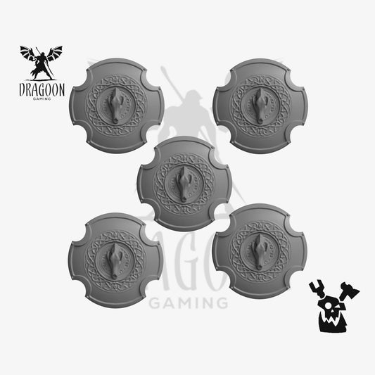 Set of five rune shields by DakkaDakka Studios 3d printed in grey resin for use in 28mm and 32mm tabletop wargames. This item is also compatible with Primaris sized Space Marines and Space Wolves in Warhammer 40K