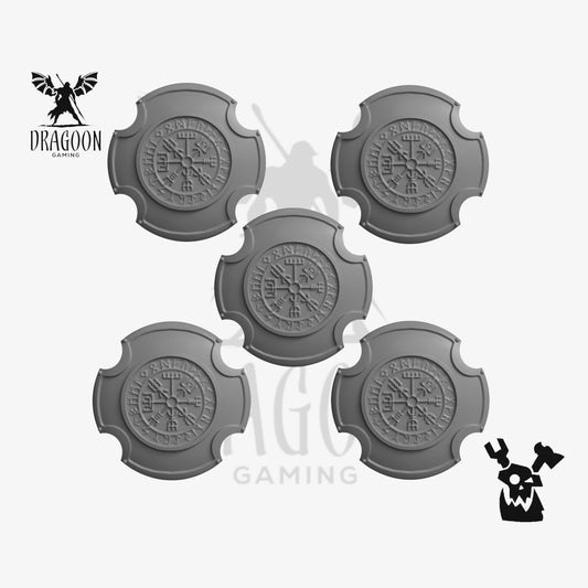 Set of five rune shields by DakkaDakka Studios 3d printed in grey resin for use in 28mm and 32mm tabletop wargames. This item is also compatible with Primaris sized Space Marines and Space Wolves in Warhammer 40K