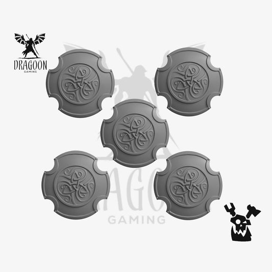 Set of five rune shields by DakkaDakka Studios 3d printed in grey resin for use in 28mm and 32mm tabletop wargames. This item is also compatible with Primaris sized Space Marines and Space Wolves in Warhammer 40K