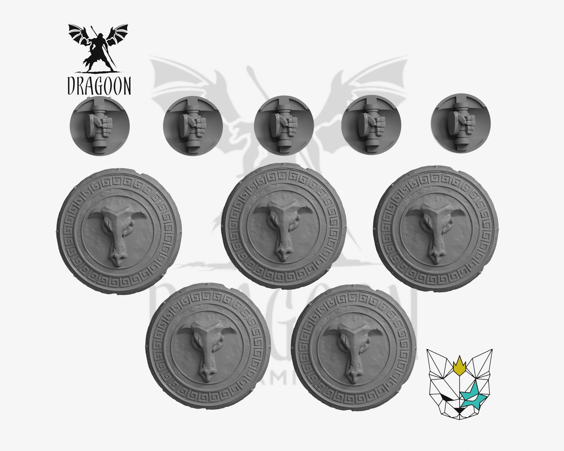 Set of five Minotaur shields by Marta Punkgirl 3d printed in grey resin for use in 28mm and 32mm tabletop wargames. This item is also compatible with Primaris sized Space Marines, Minotaurs and Ultramarines in Warhammer 40K