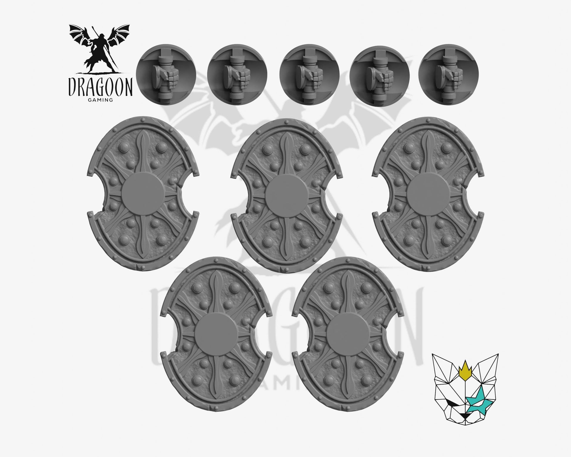 Set of five greek shields by Marta Punkgirl 3d printed in grey resin for use in 28mm and 32mm tabletop wargames. This item is also compatible with Primaris sized Space Marines, Minotaurs and Ultramarines in Warhammer 40K