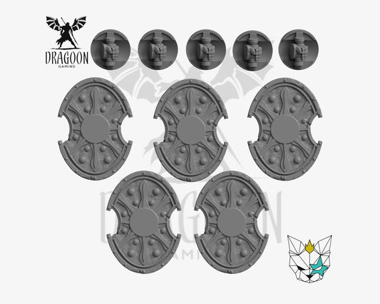 Set of five greek shields by Marta Punkgirl 3d printed in grey resin for use in 28mm and 32mm tabletop wargames. This item is also compatible with Primaris sized Space Marines, Minotaurs and Ultramarines in Warhammer 40K