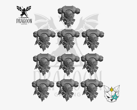 Set of ten Backpacks by  Marta Punkgirl 3d printed in grey resin for use in 28mm and 32mm tabletop wargames. This item is also compatible with Primaris sized Space Marines and Raven Guard in Warhammer 40K