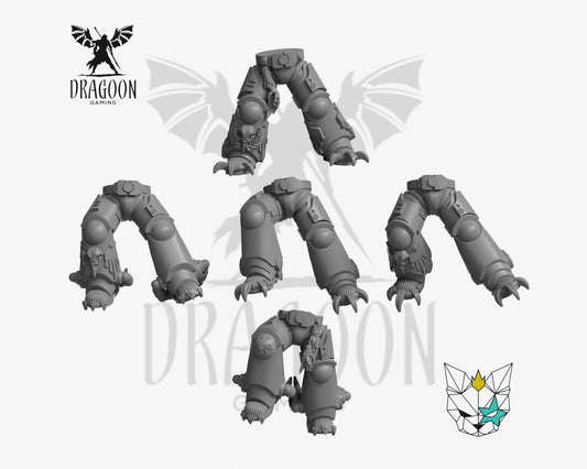 Set of five leg Conversions by Marta Punkgirl 3d printed in grey resin for use in 28mm and 32mm tabletop wargames. This item is also compatible with Primaris sized Space Marines and Raven Guard in Warhammer 40K