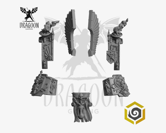 Eternal Pilgrims Invictus battlesuit conversion kit by Greytide Studios 3d printed in grey resin for use in 28mm and 32mm tabletop wargames. This item is compatible with Dark Angels and Space Marines in Warhammer 40K