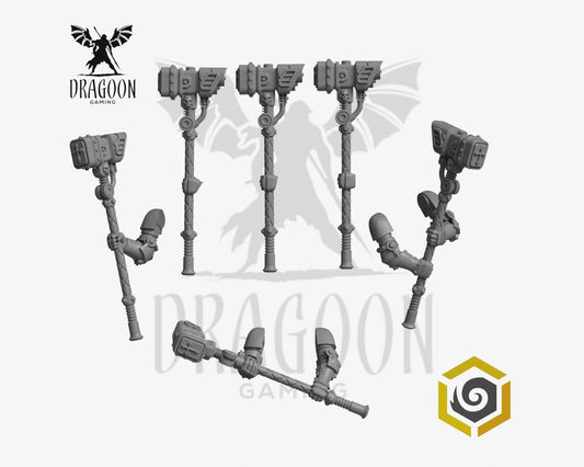 Set of six Eternal Pilgrims war hammers by Greytide Studios 3d printed in grey resin for use in 28mm and 32mm tabletop wargames. This item is also compatible with Primaris Space Marines in Warhammer 40K