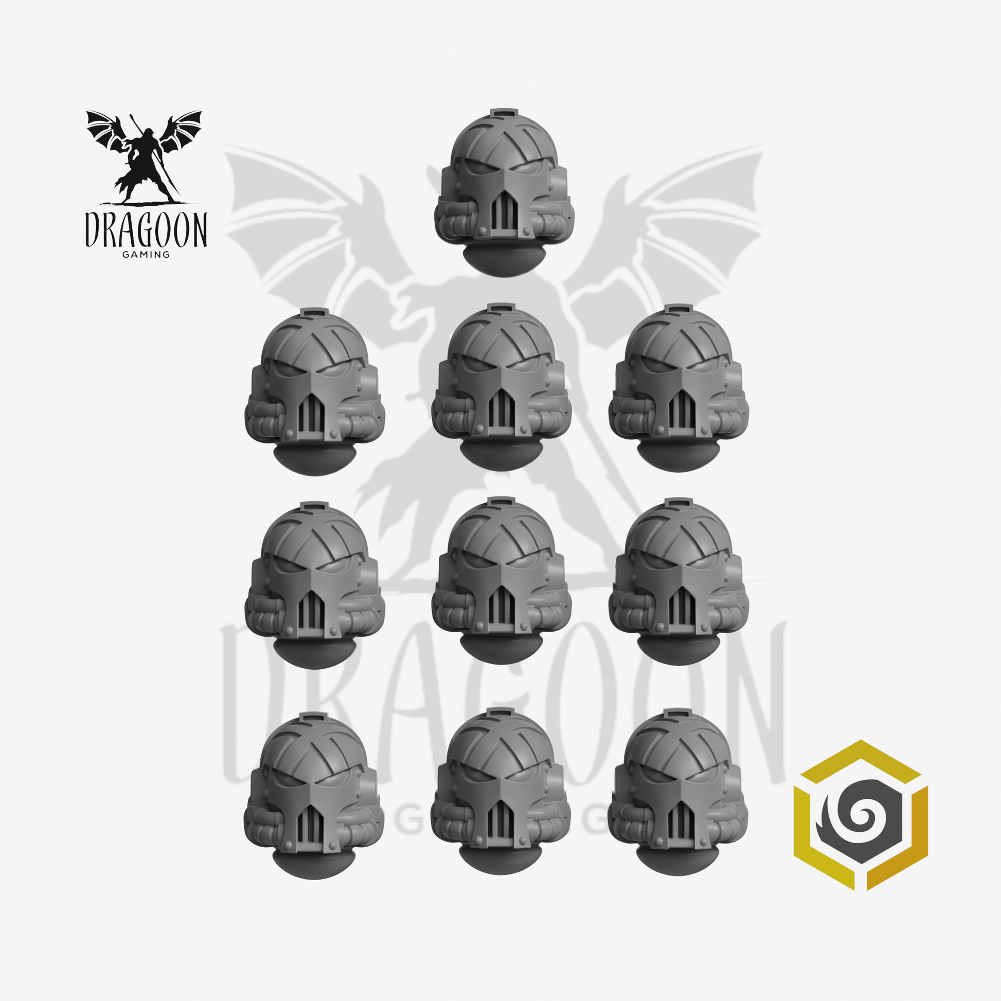 Ten Crimson Lords Death Company Helmets by Greytide Studios for use in 28mm and 32mm tabletop wargames. This item is also compatible with Primaris sized Space Marines, Blood Angels, sanguinary guard and Death Company in Warhammer 40K